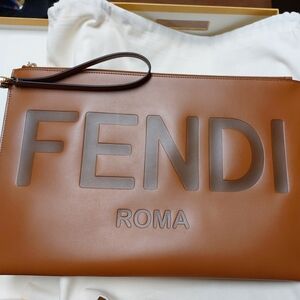 Fendi Tan Leather Wristlet with Embossed Logo